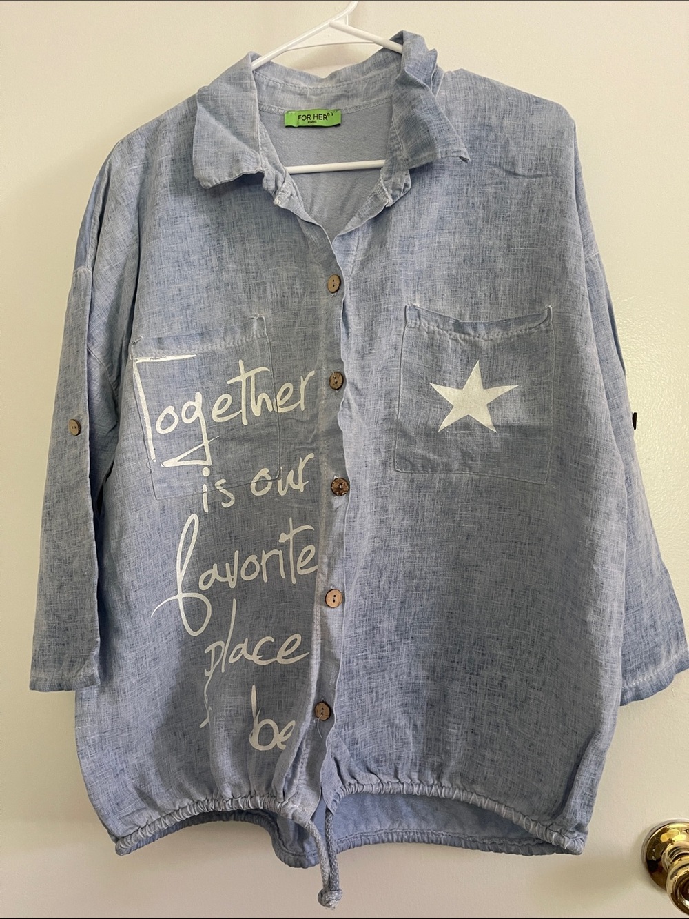 Light Blue Button-Front Shirt Jacket with White Star & Script